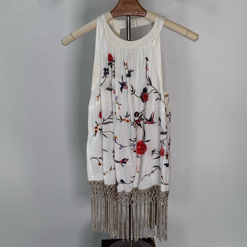 Anthropologie White Floral Embroidered Tank Top